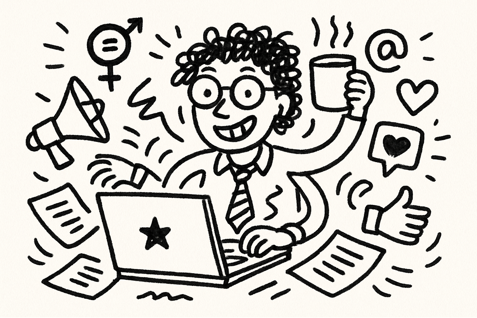 A photo of a culy haired woman handling multile things iwth multiple hands infront of a work desk